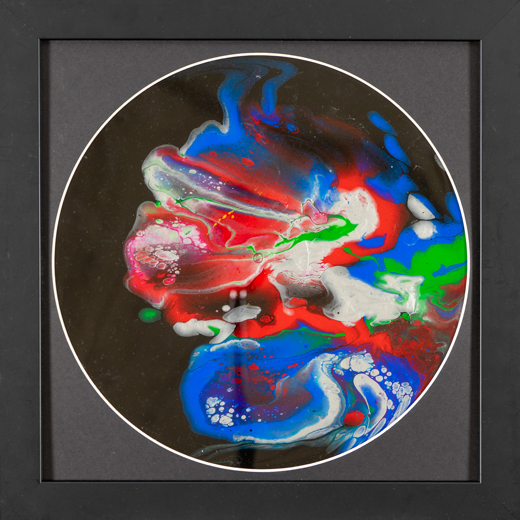 Front view of RGB Space Spaghetti vinyl record art in a frame