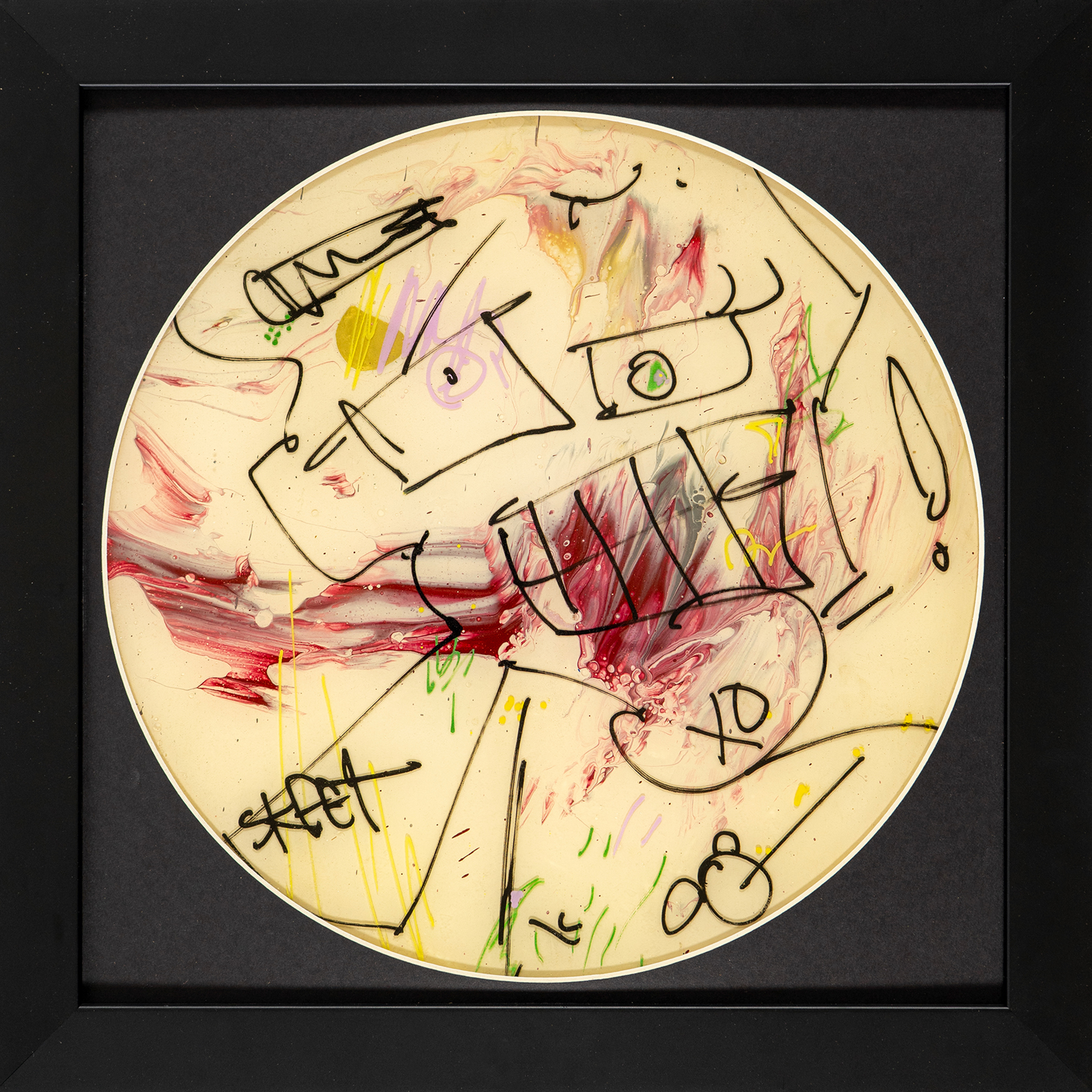 Front view of Skeet Skeet vinyl record art in a frame